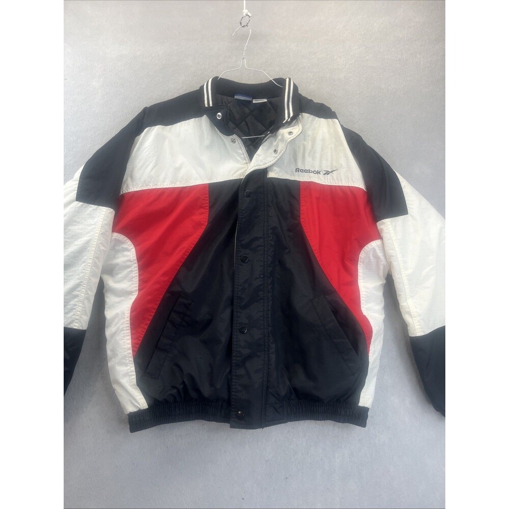 Reebok Vintage Mens Winter Jacket Retro Colorblock Quilted Red White Black L